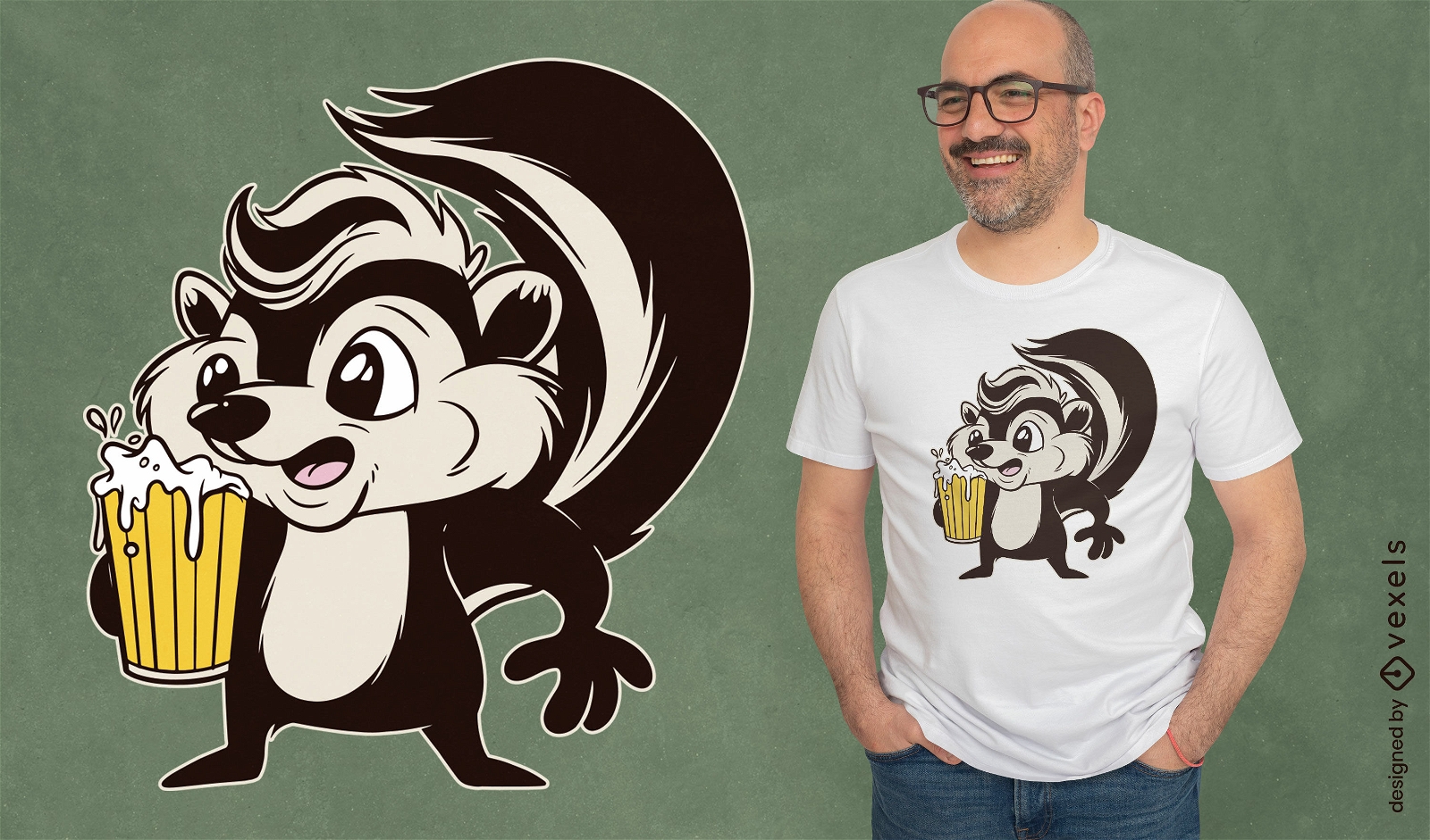 Animal Skunk com design de camiseta de desenhos animados de cerveja