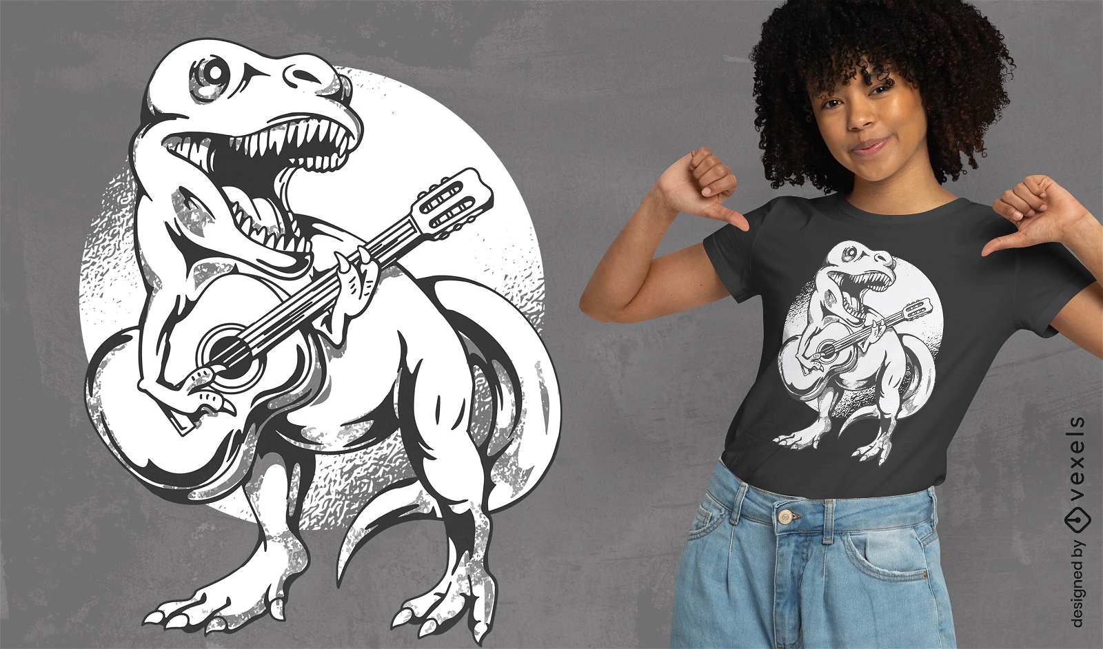 Dise?o de camiseta de dinosaurio t-rex tocando la guitarra