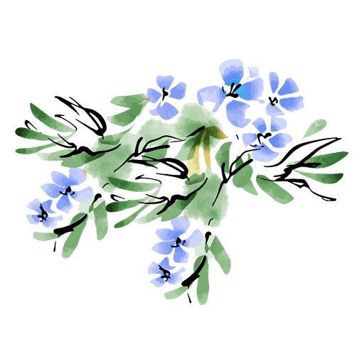 Dibujo acuarela de flores azules. Diseño PNG