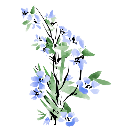 Watercolor blue flowers with leaves PNG Design