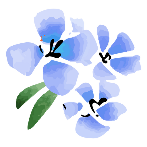 Flor azul con hojas verdes. Diseño PNG