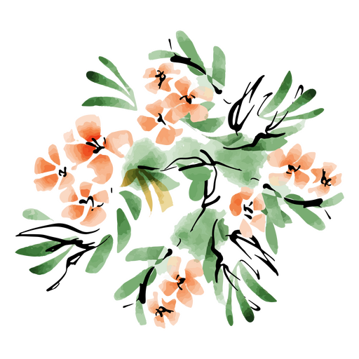 Flores de color naranja acuarela con hojas. Diseño PNG