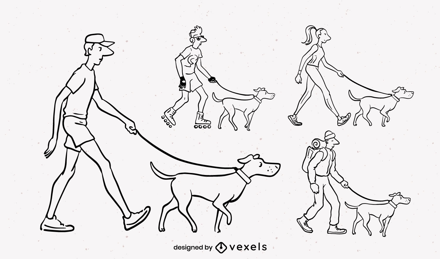 People walking dog animals stroke set