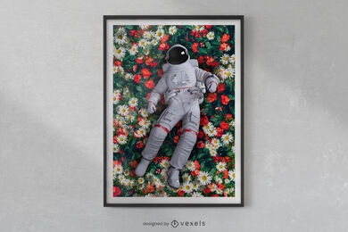 Astronaut, der im Blumenraumplakatdesign liegt