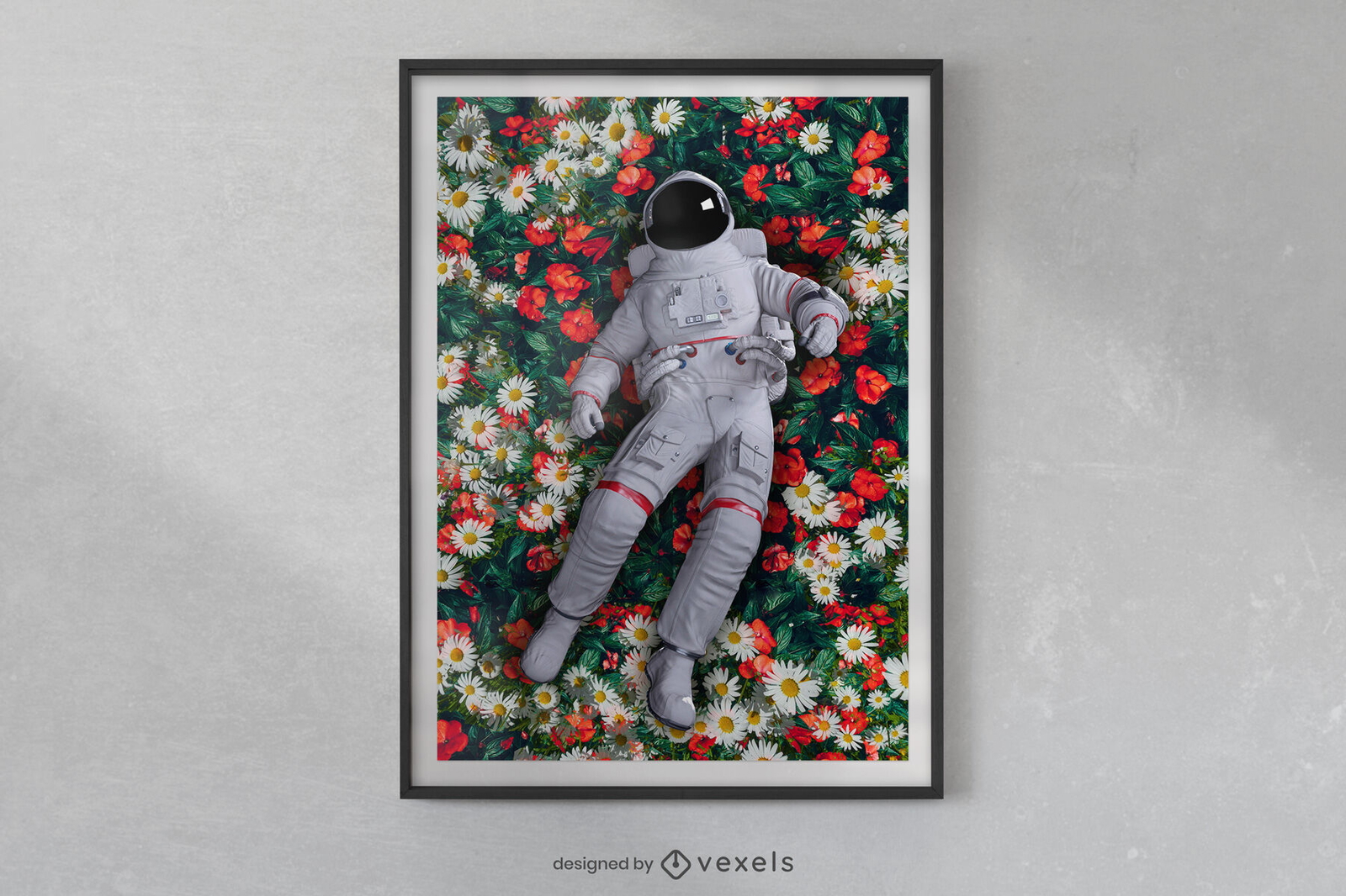 Astronauta deitado no design do cartaz do espaço de flores