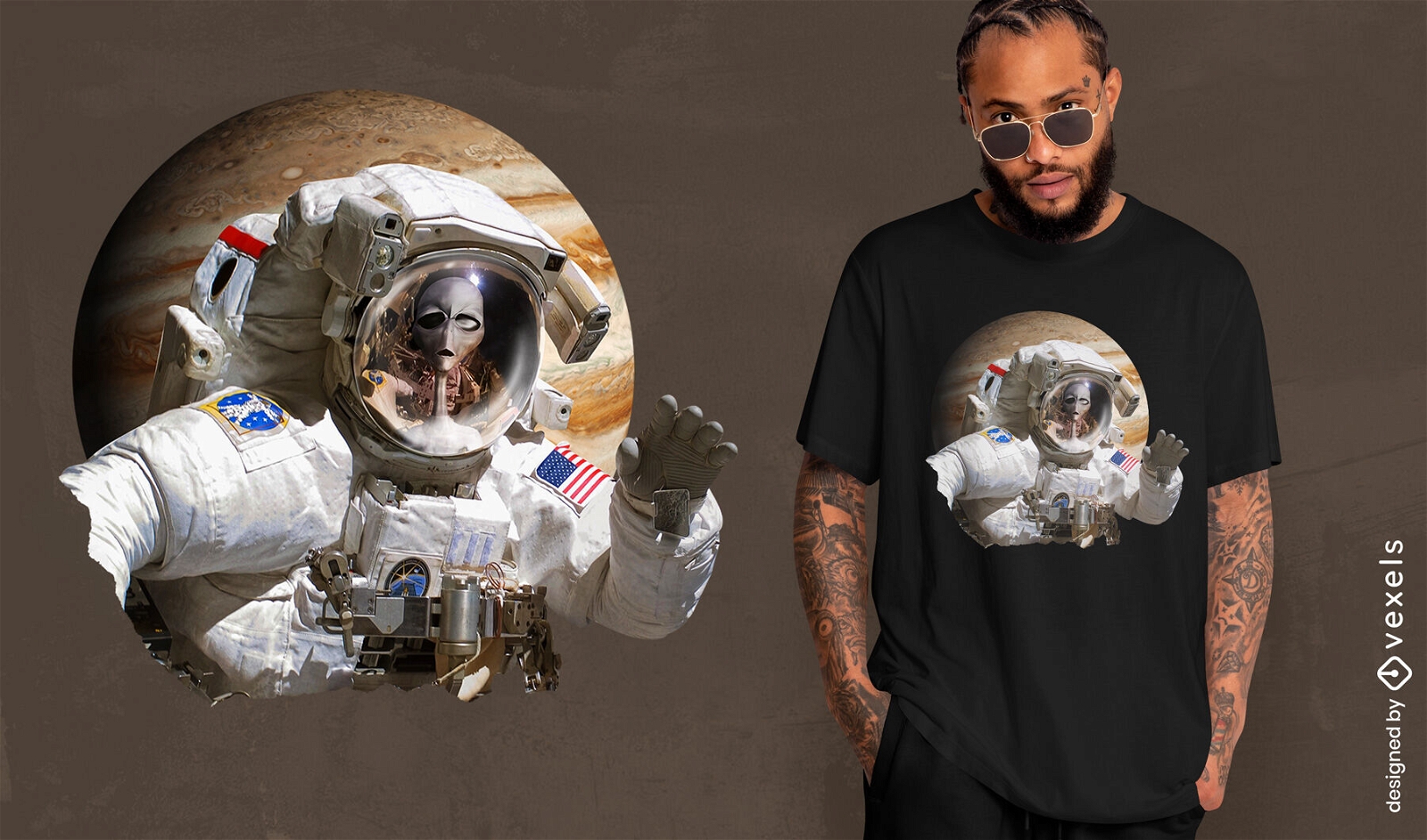 Design de camiseta planeta alienígena astronauta
