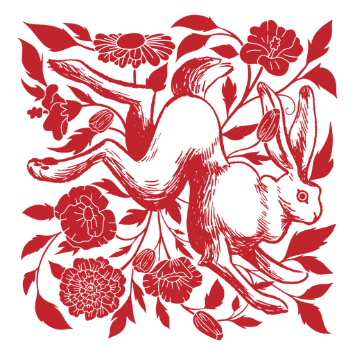 Black and red drawing of a rabbit with flowers PNG Design