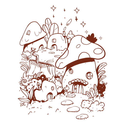 Desenho preto e branco de um cogumelo em uma floresta Desenho PNG