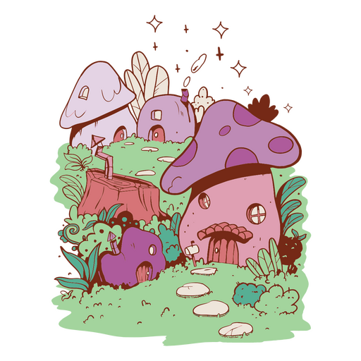 Cartoon illustration of a mushroom village PNG Design