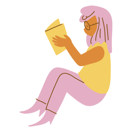 Mujer de pelo rosa leyendo un libro Diseño PNG