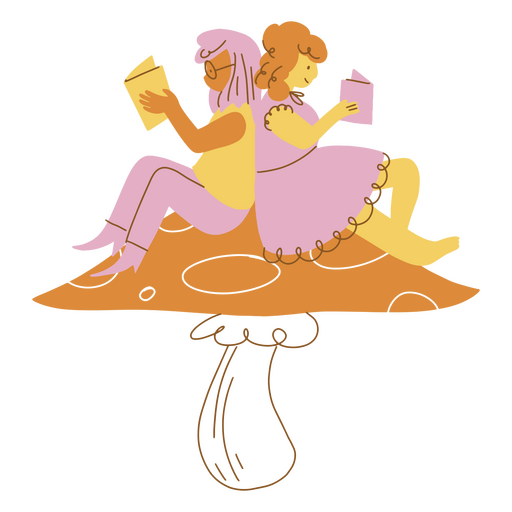 Dos personas sentadas encima de un hongo leyendo libros Diseño PNG