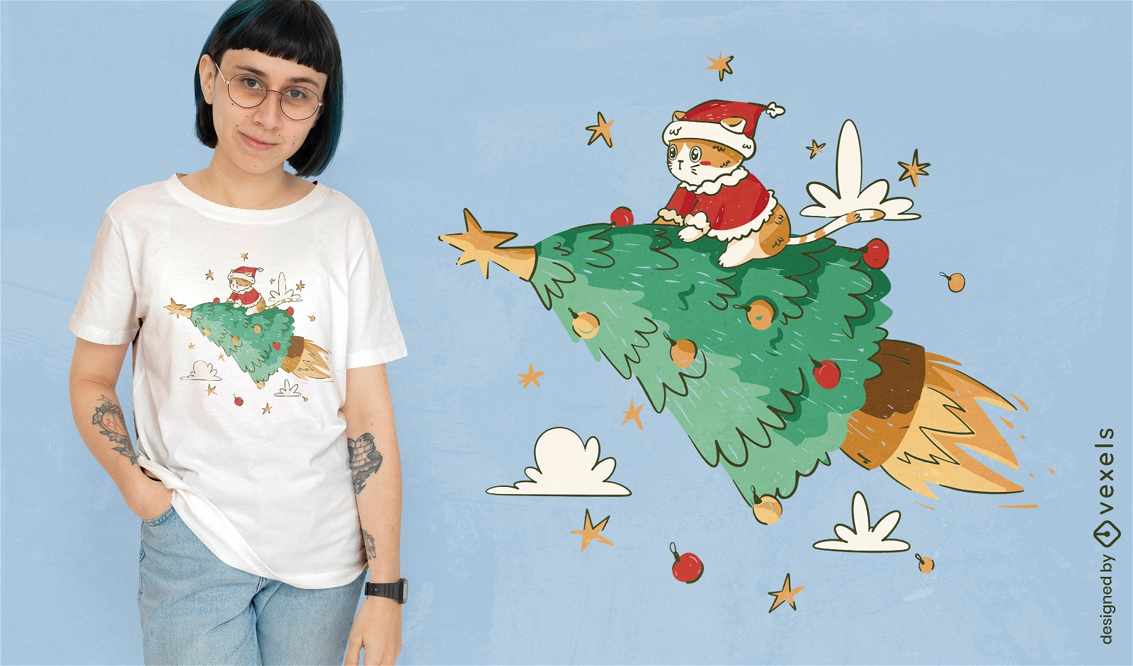Design de camiseta de ?rvore de Natal de gato Papai Noel