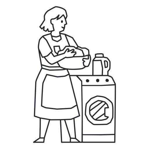 Dibujo lineal de una mujer parada junto a una lavadora Diseño PNG