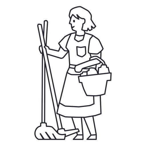 Black and white illustration of a woman with a broom PNG Design