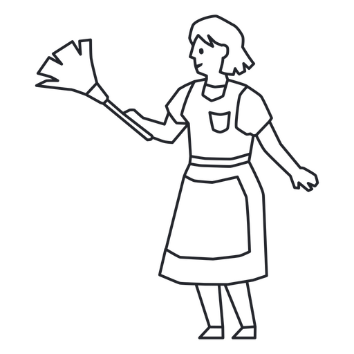 Line drawing of a woman holding a broom PNG Design