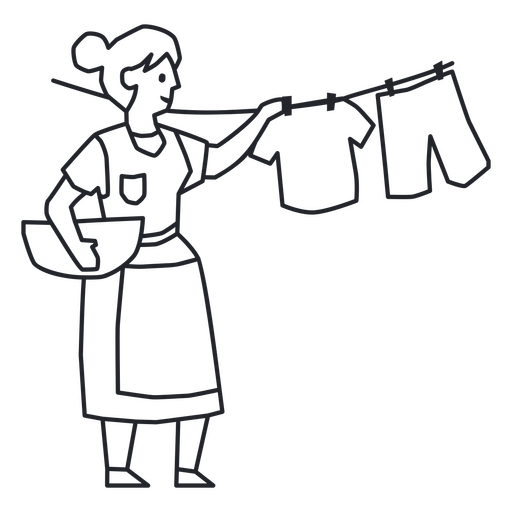 Dibujo lineal de una mujer colgando ropa en una cuerda Diseño PNG