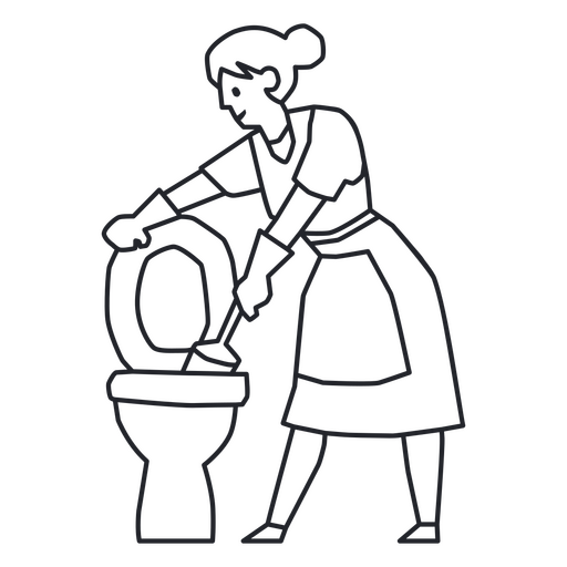 Line drawing of a woman cleaning a toilet PNG Design
