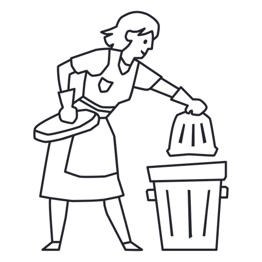 Line drawing of a woman throwing trash into a trash can PNG Design