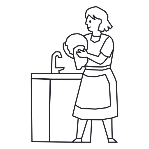Black and white line drawing of a woman washing dishes PNG Design