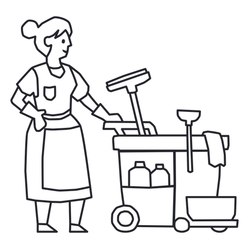 Dibujo lineal de una mujer limpiando un carrito Diseño PNG