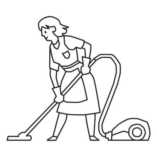 Line drawing of a woman cleaning with a vacuum cleaner PNG Design