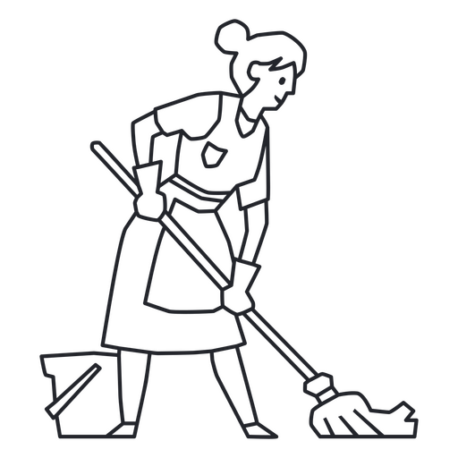 Dibujo lineal de una criada con un trapeador. Diseño PNG