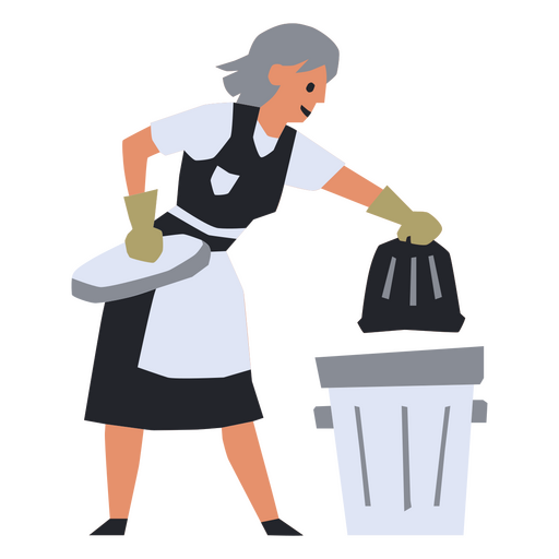 Frau in Schürze wirft Müll in einen Mülleimer PNG-Design