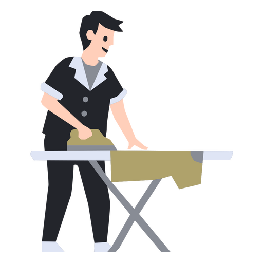 Hombre planchando ropa sobre una tabla de planchar plana Diseño PNG