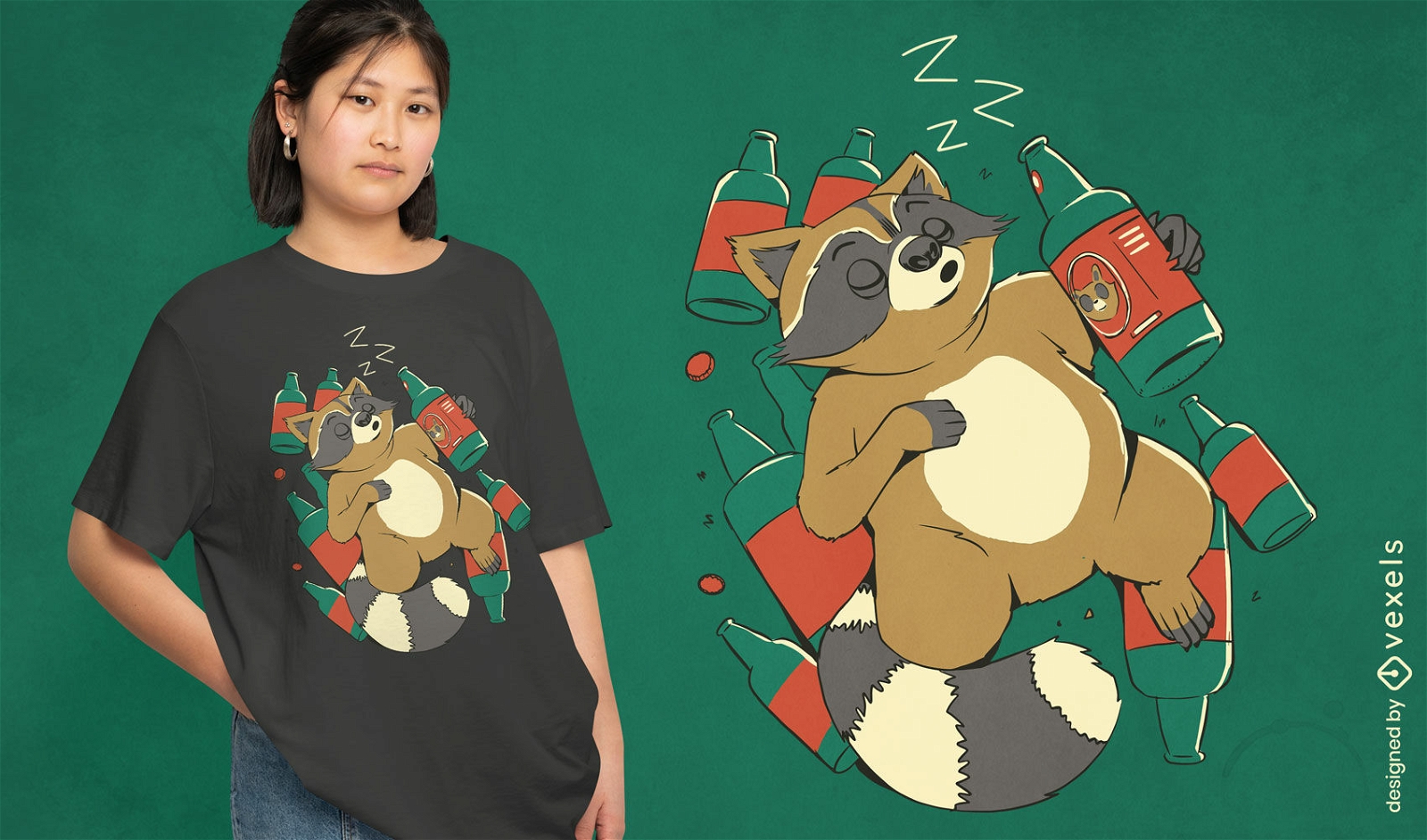Diseño de camiseta de mapache borracho durmiendo