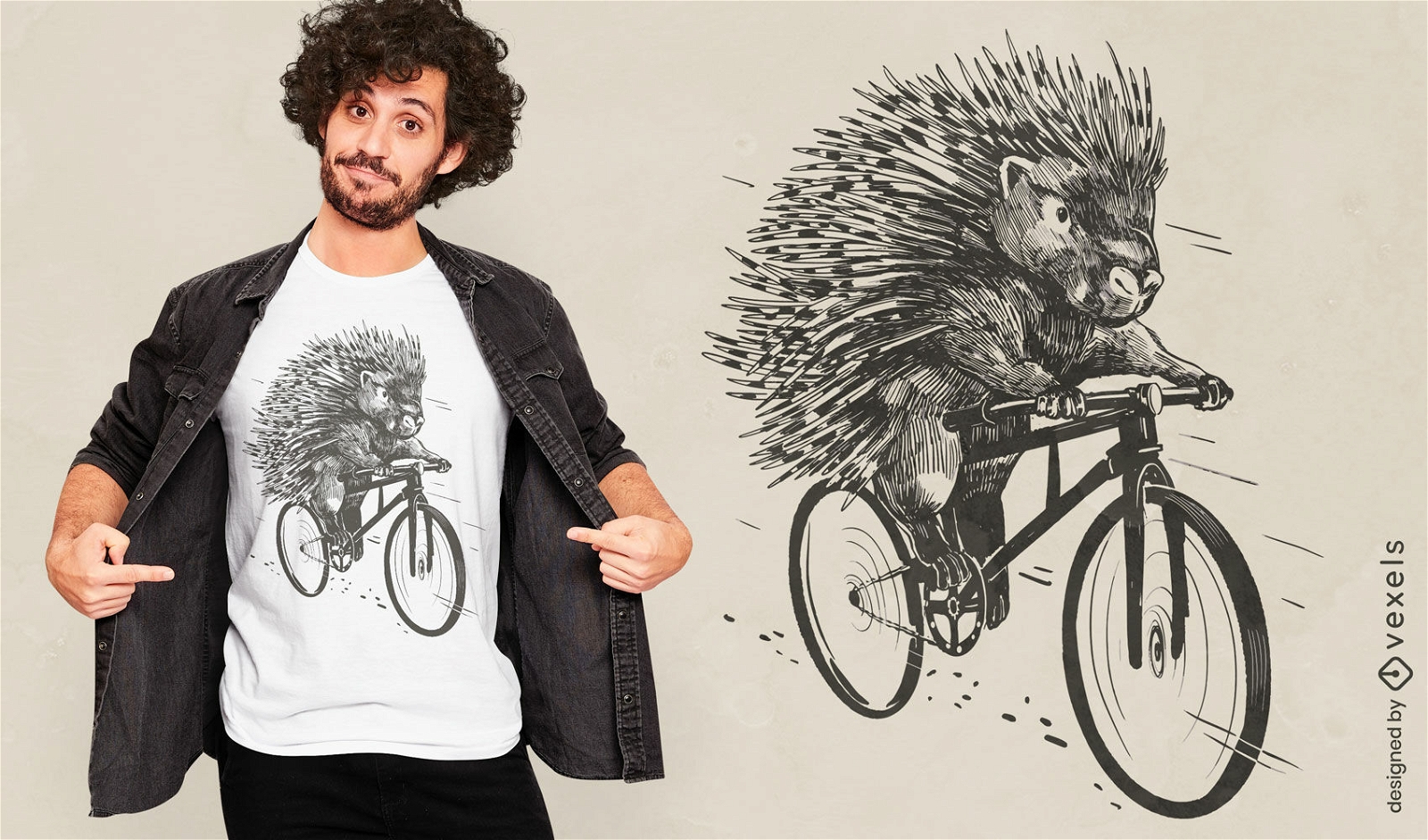 Porco-espinho em um design de camiseta de bicicleta