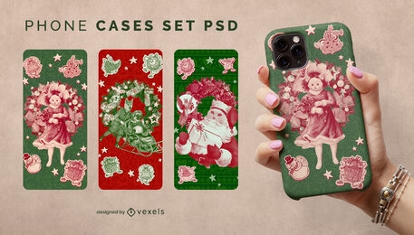 Vintage Christmas cat and dog PSD phone case set