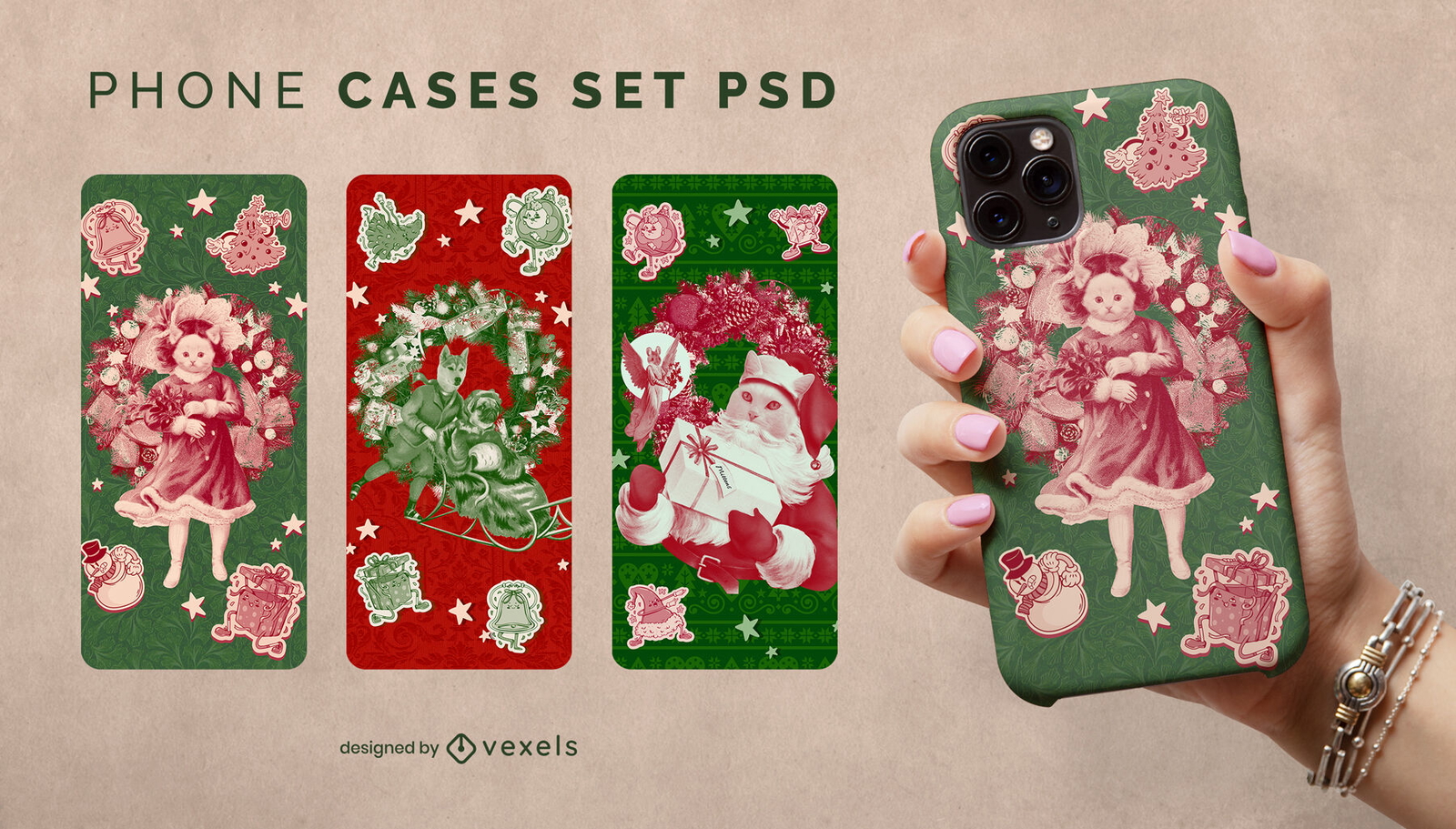 Conjunto de funda de teléfono PSD de gato y perro de Navidad vintage