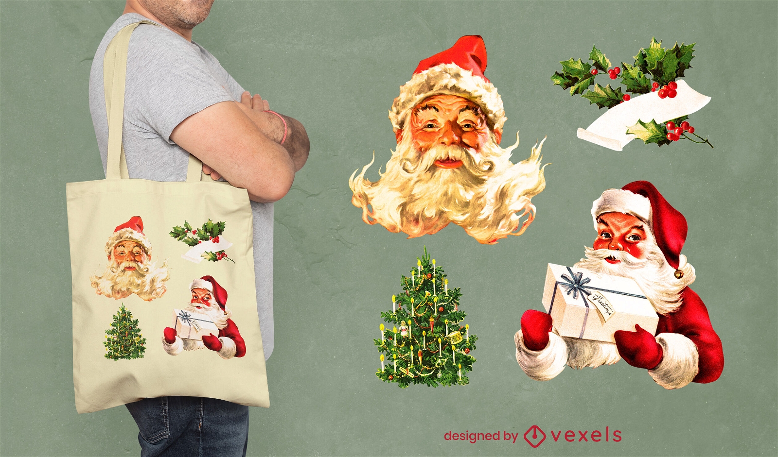 Vintage Santa and Christmas decorations PSD tote bag design