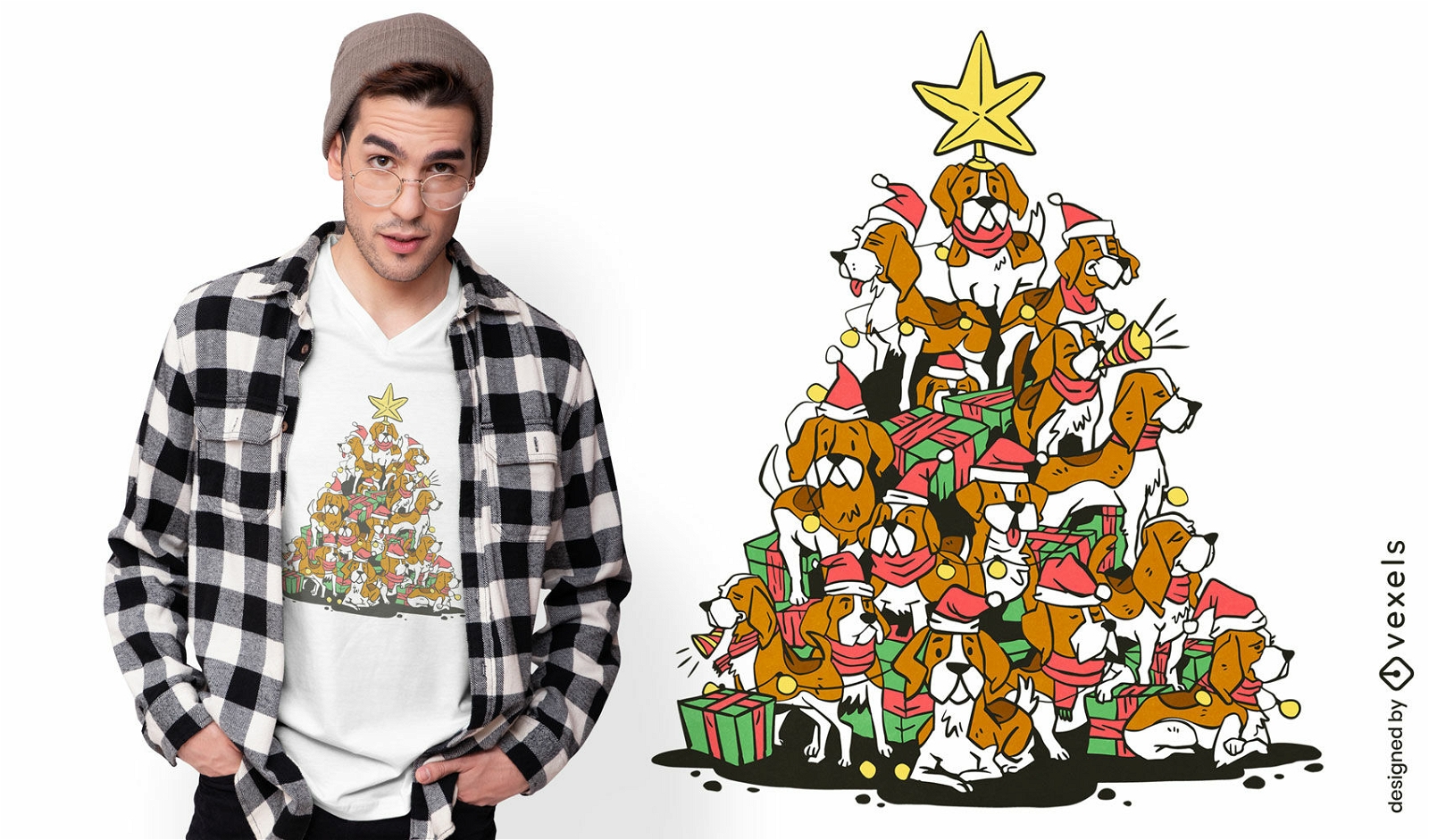 Beagle verfolgt Weihnachtsbaum-T-Shirt-Design