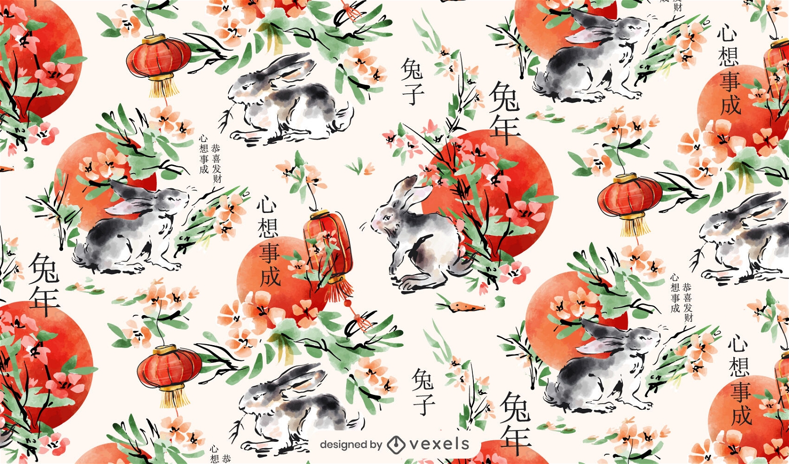 Kaninchen-Musterdesign des neuen Jahres mit Blumenmuster