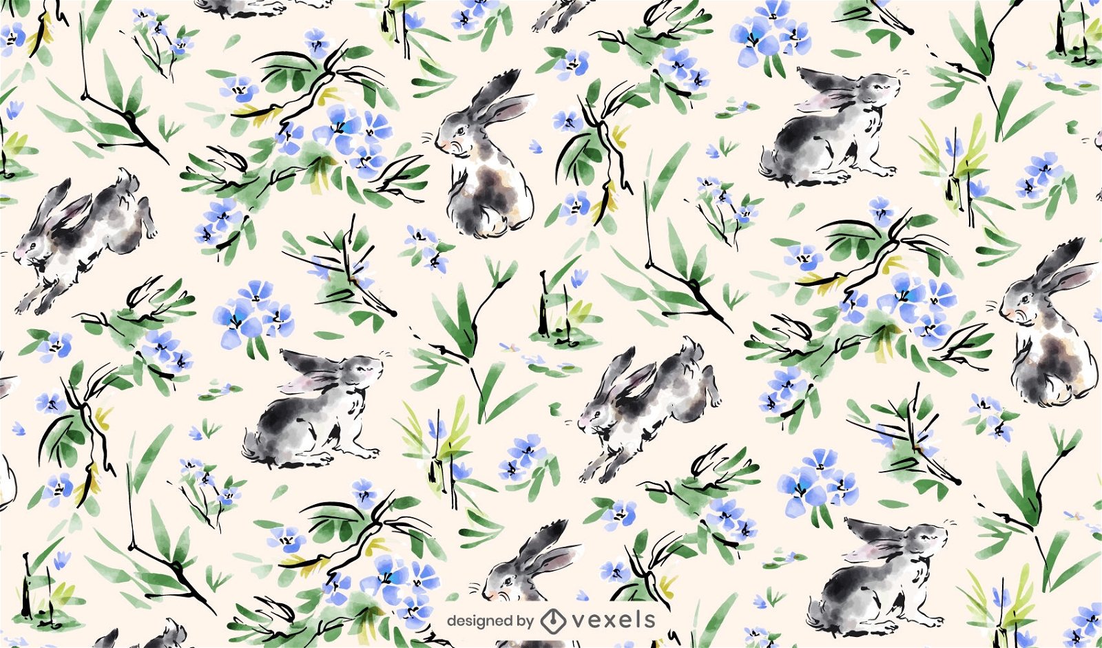 Diseño de patrón floral de conejo acuarela