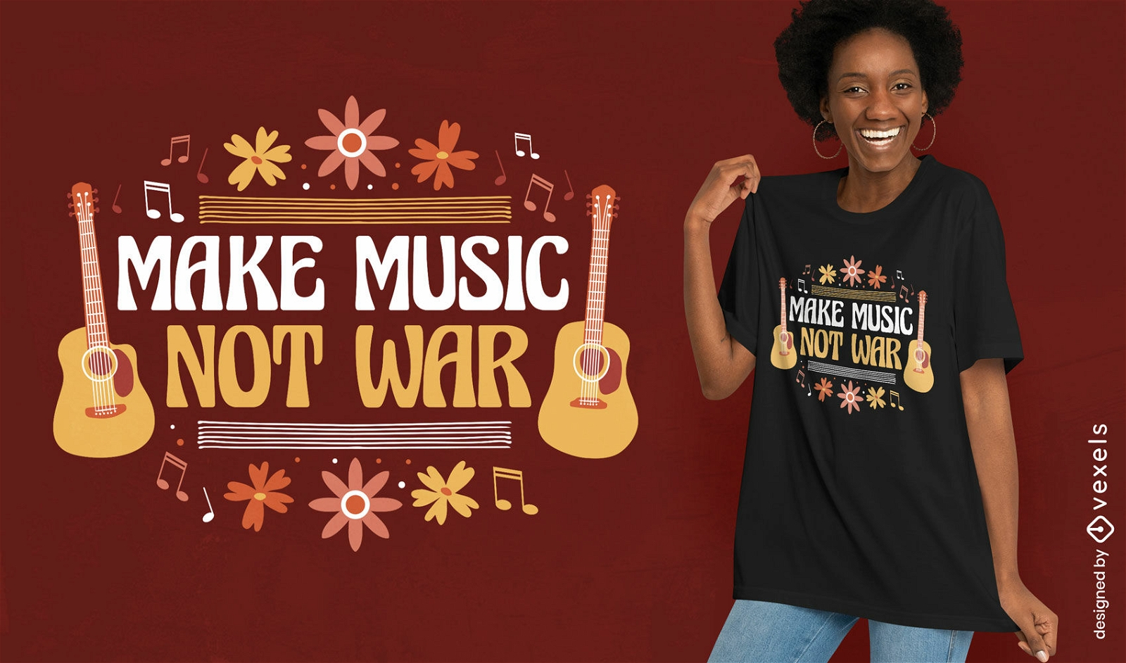 Haz un diseño de camiseta hippie de música.