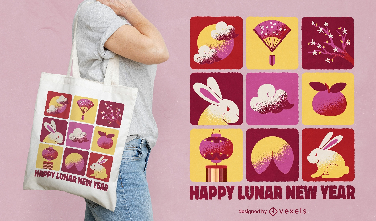 Diseño de bolsa de asas de conejo del año lunar.