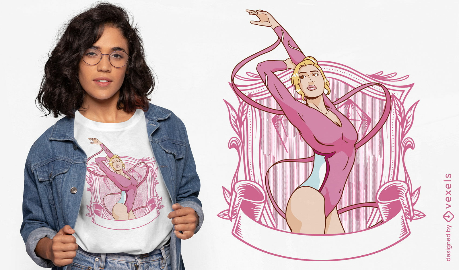 Gimnasta en diseño de camiseta de insignia de traje rosa