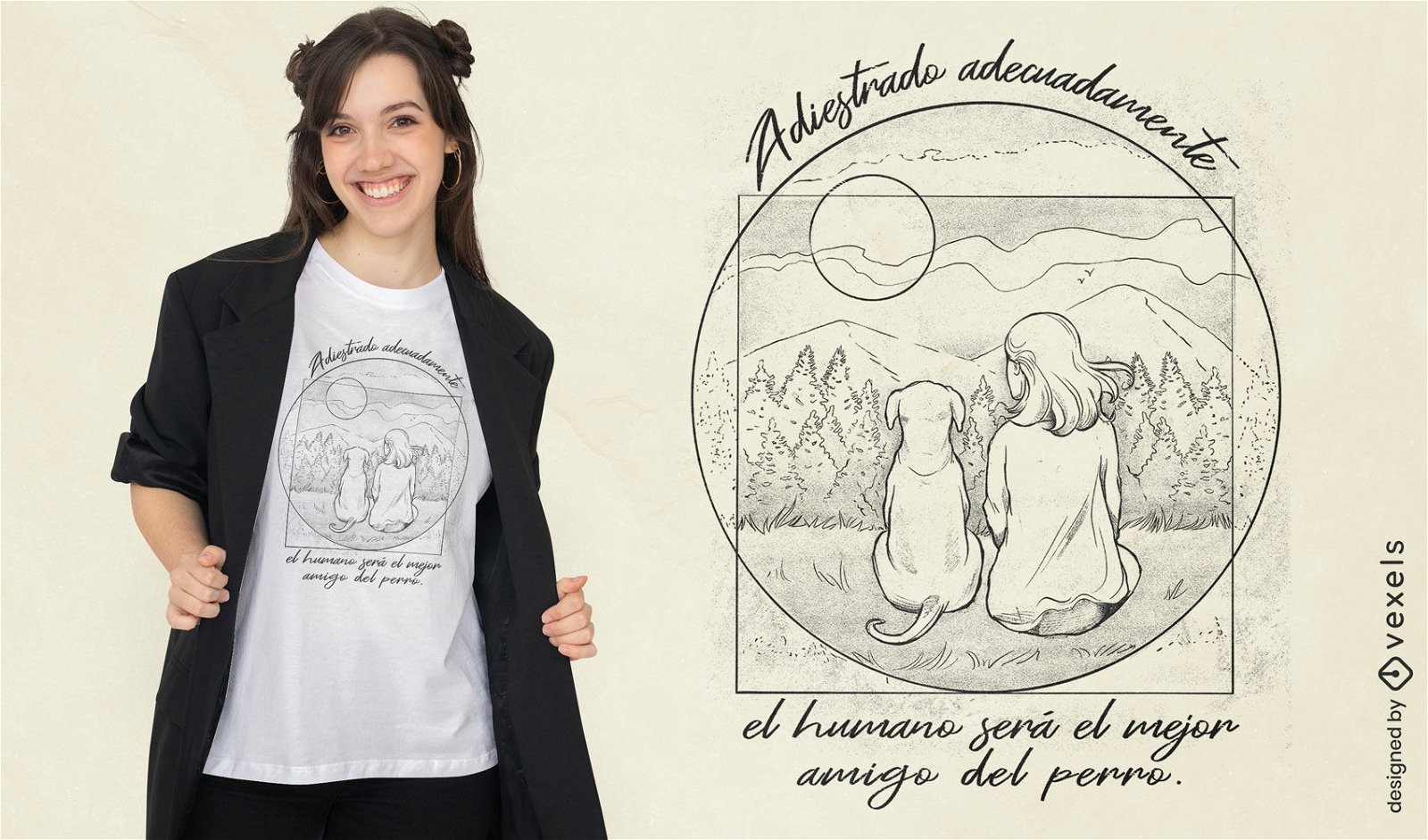 Design de camiseta de paisagem de mulher e cachorro
