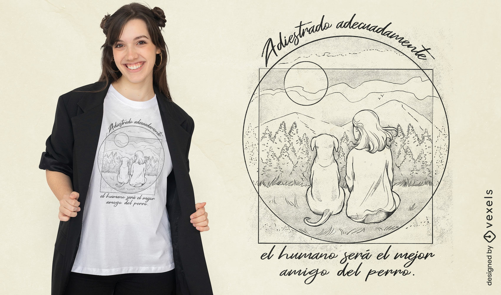 Diseño de camiseta de paisaje de mujer y perro.