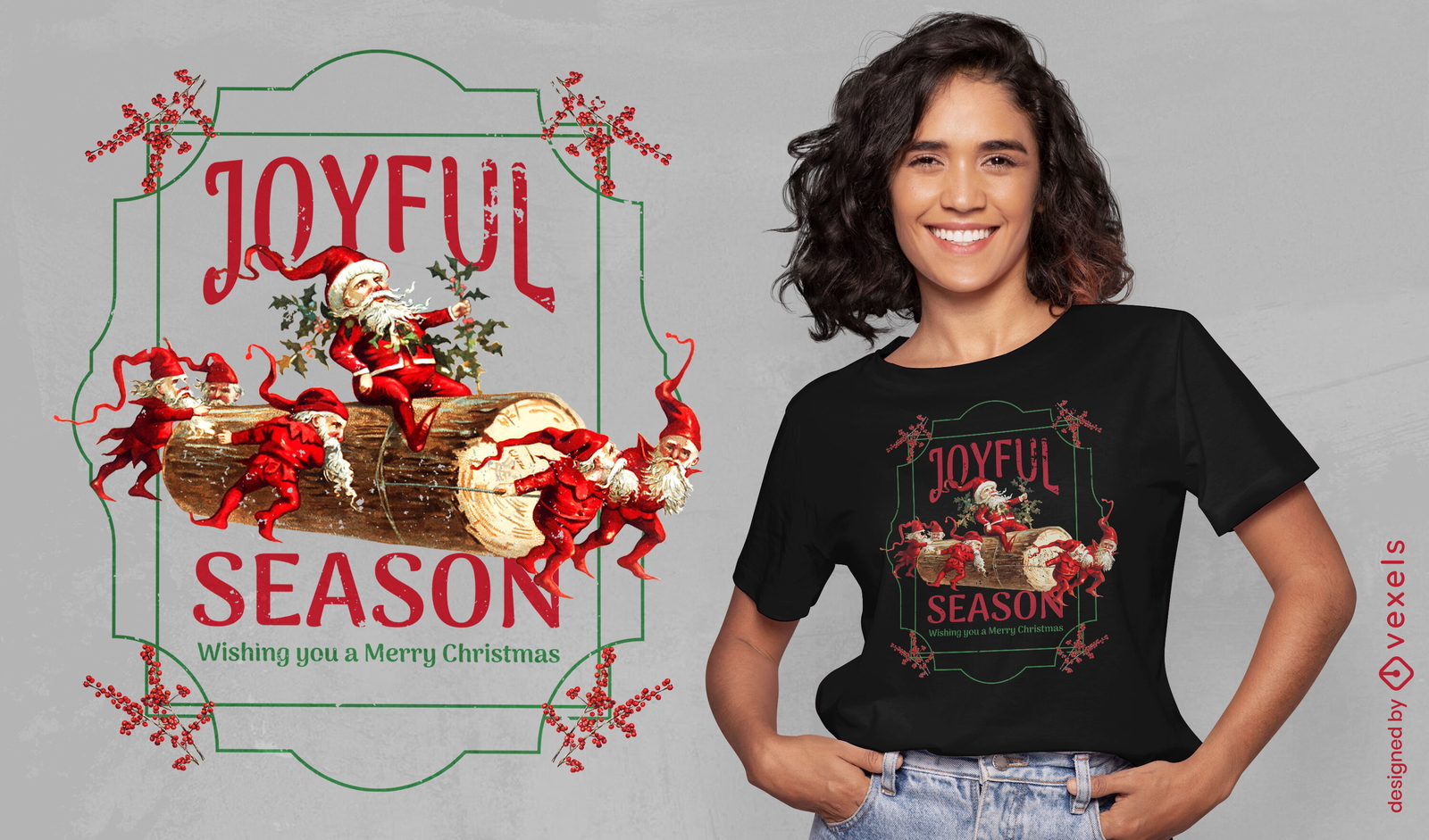 Navidad temporada Santa y duendes PSD diseño de camiseta