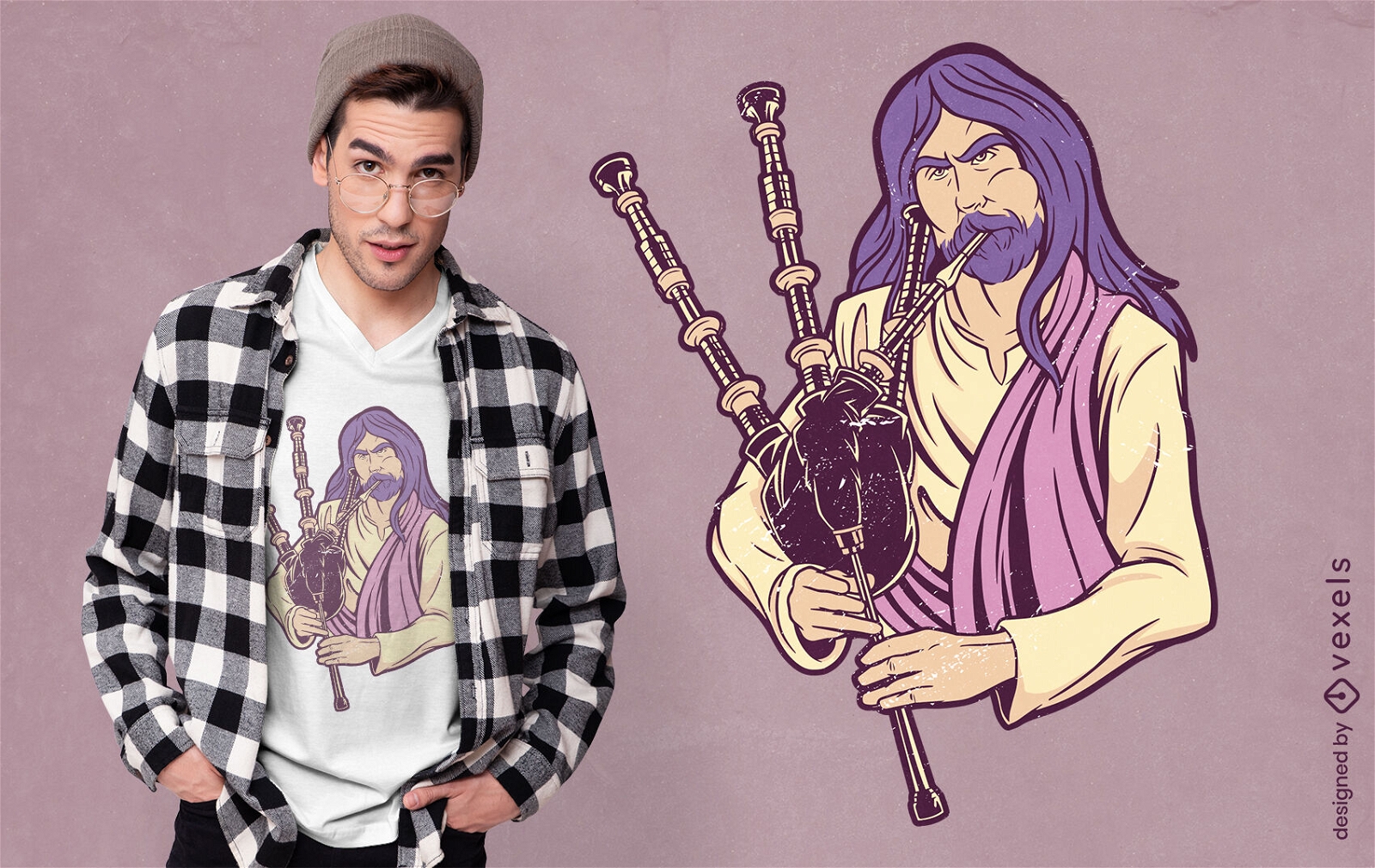 Diseño de camiseta de Jesús tocando la gaita.