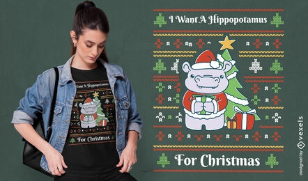 Diseño de camiseta de suéter feo de hipopótamo navideño