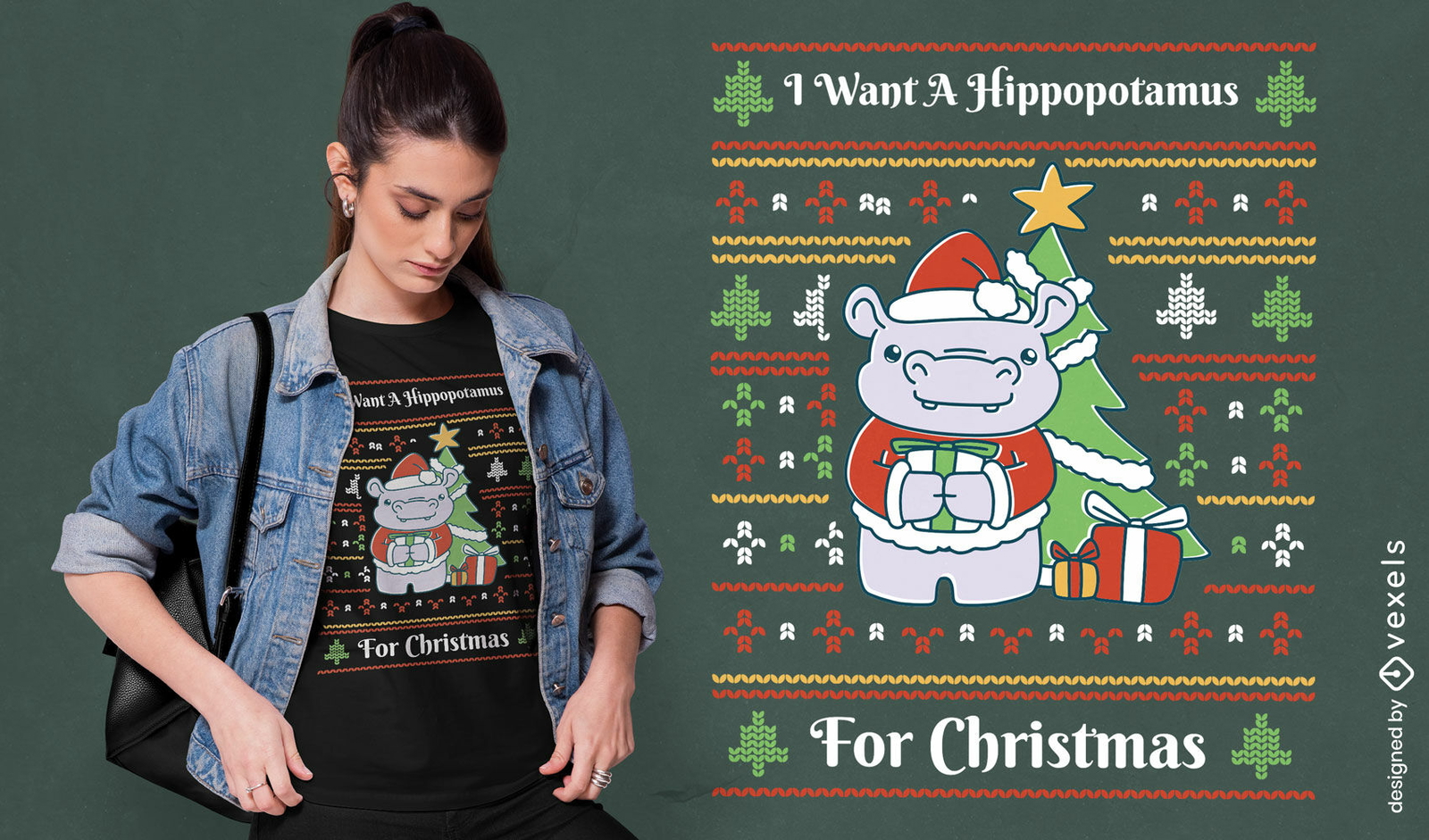 Design de camiseta de suéter feio de hipopótamo de Natal