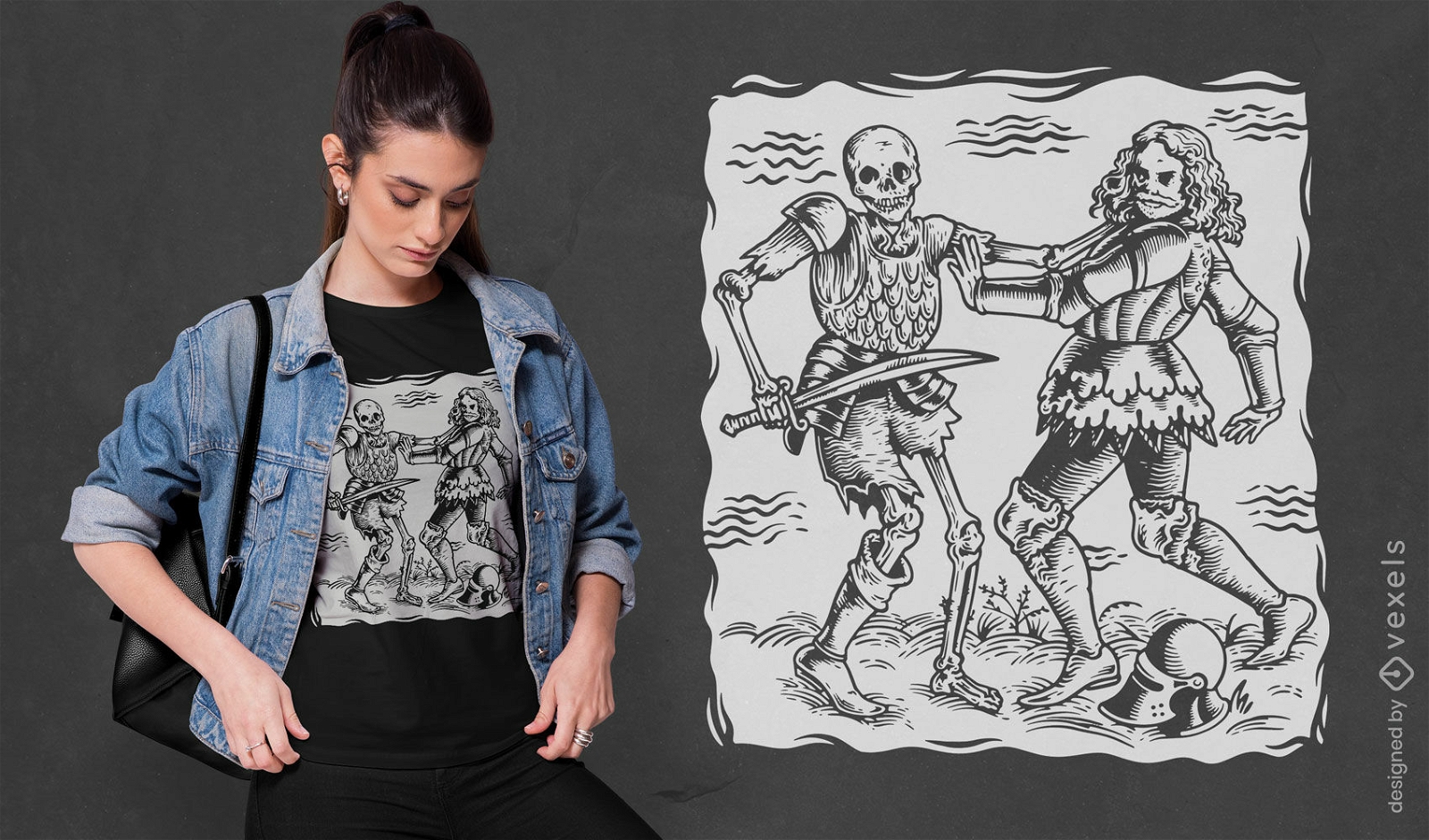 Diseño de camiseta de caballero esqueleto medieval