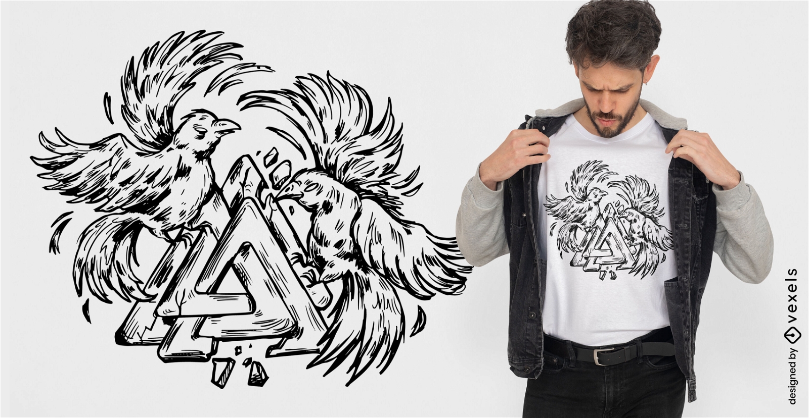 Diseño de camiseta de cuervos vikingos y símbolos.