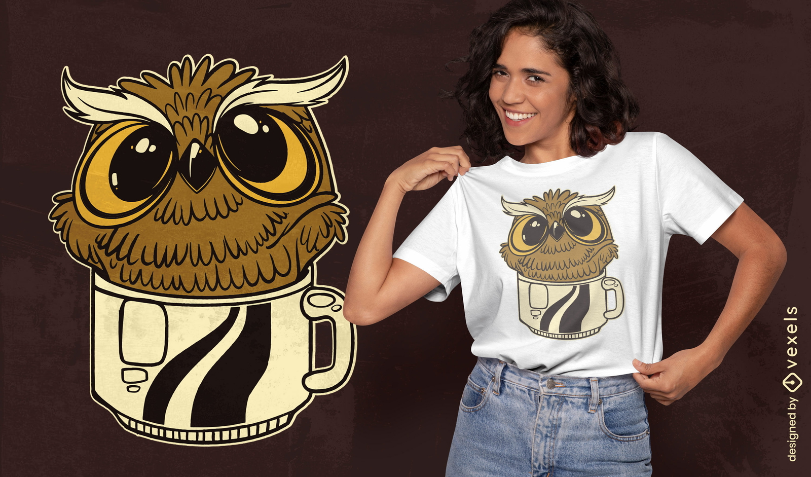 Animal pássaro coruja no design de camiseta de xícara de café