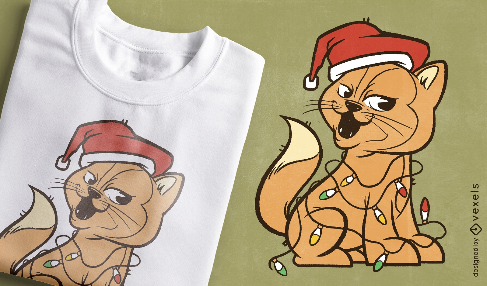 Diseño de camiseta animal gato navideño.