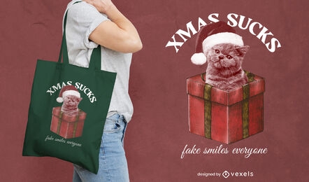 Cat in christmas gift tote bag design